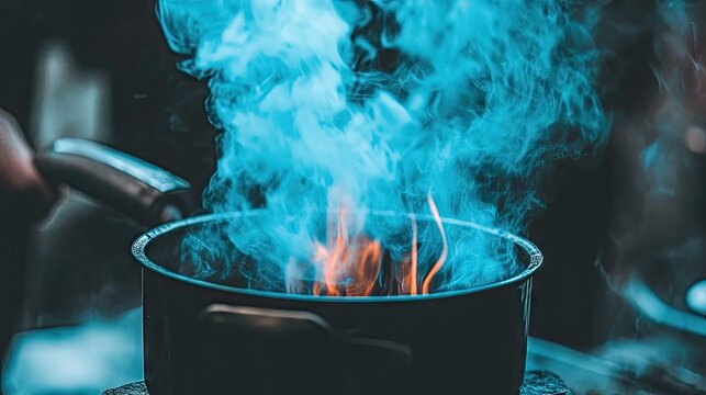 Close-up of propane gas flames emitting from a kitchen stove burner, the bright blue fire curling and rising against the metallic surface.