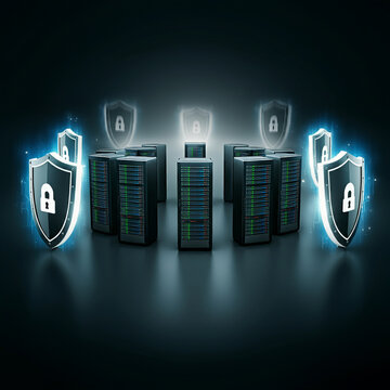 Shielded servers with glowing padlocks, symbolizing data protection, cybersecurity, and secure server access