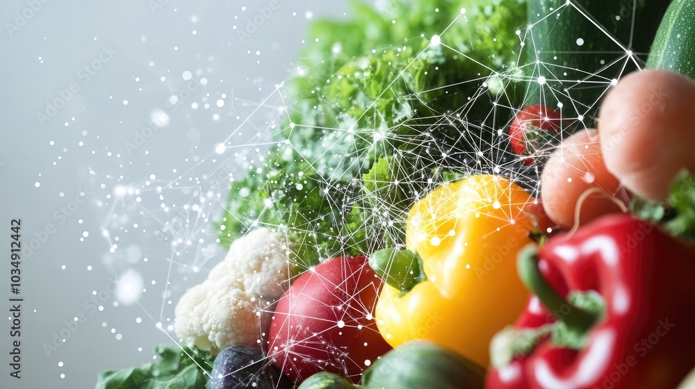 Aufkleber fresh vegetables displayed with a digital network overlay on a light background highlighting a conte