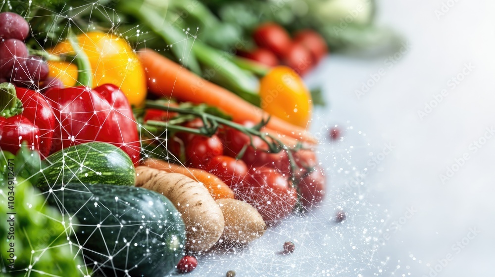 Aufkleber fresh vegetables displayed with a digital network overlay on a light background highlighting a conte
