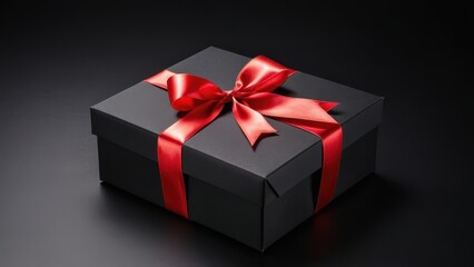 Obraz premium Luxury Gift Box with Red Satin Ribbon. A matte black gift box tied with a red satin ribbon. Clean and elegant, perfect for holiday promotions, greeting cards, and marketing visuals