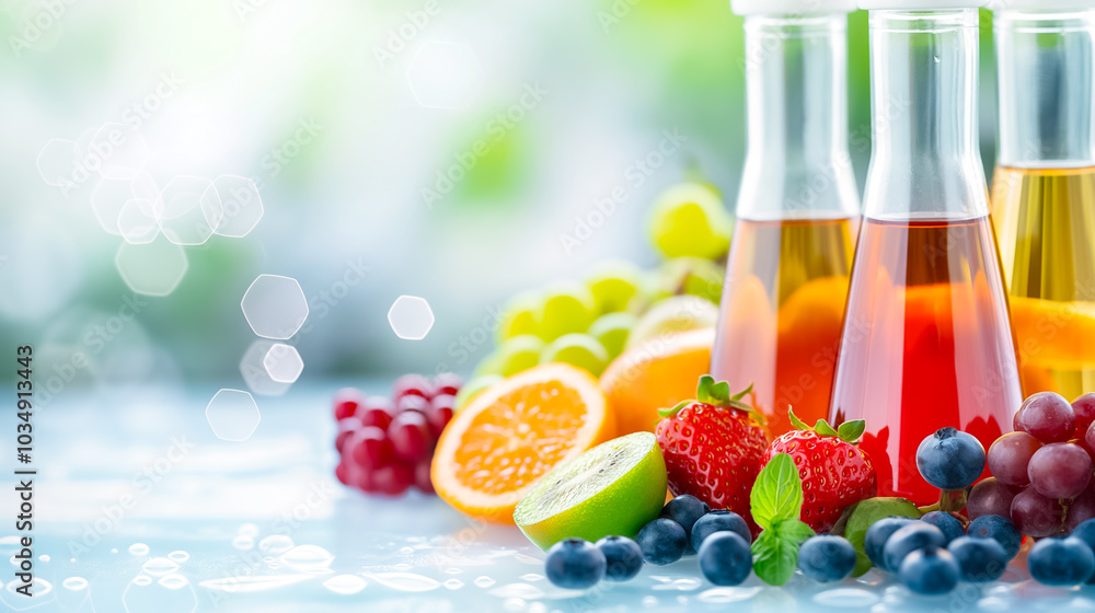 Aufkleber a vibrant display of fresh fruit juices in glass bottles is accompanied by an array of colorful frui