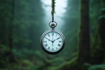 A vintage pocket watch hangs gracefully in a misty forest, symbolizing the passage of time amidst nature's beauty.
