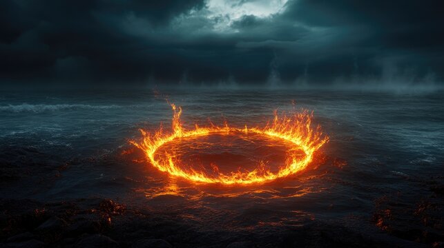 A radiant ring of fire illuminates the water beneath an overcast sky creating an enchanting and potent ambiance filled with magic and elemental forces