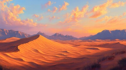 Naklejka premium A sweeping desert scene features undulating sand dunes bathed in warm sunset colors complemented by distant mountains on the horizon