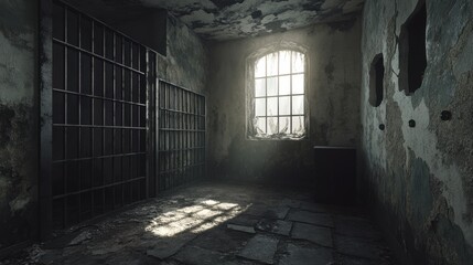 Gloomy prison cell with steel bars, a dimly lit space with peeling walls, and a bare floor evoking a sense of abandonment.