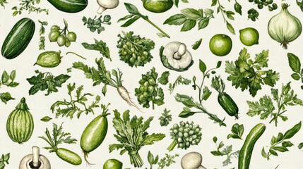 Engraved botanical illustration of assorted vegetables and mushrooms, drawn in black and white with soft green highlights for a natural, vintage feel.