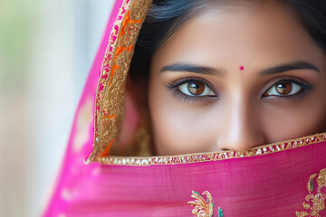 A woman wearing a pink sari with gold embroidery is looking at the camera