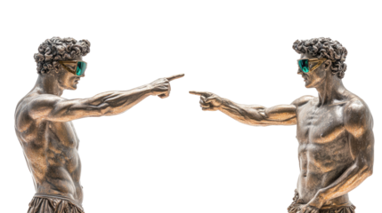 Sculptures of Greek Men in Sunglasses Pointing at Advertisements Generative AI