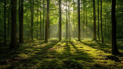 Fototapeta premium Serene Forest with Sunlight and Green Ferns
