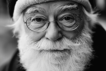 Retrato en blanco y negro de Pap&aacute; Noel. Celebraci&oacute;n y vacaciones en familia. 