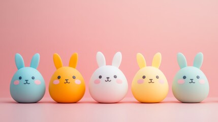 Colorful bunny figures arranged in a row against a soft pink background, perfect for Easter or spring-themed decor.