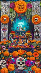 Fototapeta premium Illustrate the vibrant and emotional atmosphere of Day of the Dead, with colorful altars, intricately designed sugar skulls, and marigold flowers, celebrating the remembrance of loved ones against 