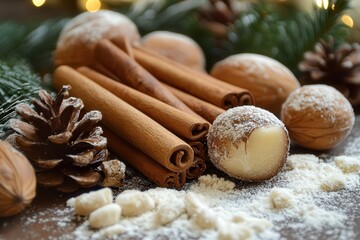 Canela en rama, frutos secos, pi&ntilde;a y pi&ntilde;ones. Detalle navide&ntilde;o para decorar una mesa. 
