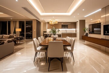 Fototapeta premium Salón comedor grande en colores beige con una mesa de madera grande y sillas. Televisión colgada en la pared. Interiorismo moderno minimalista.