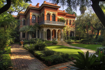 Fototapeta premium Elegant Historic Mansion in Lush Garden