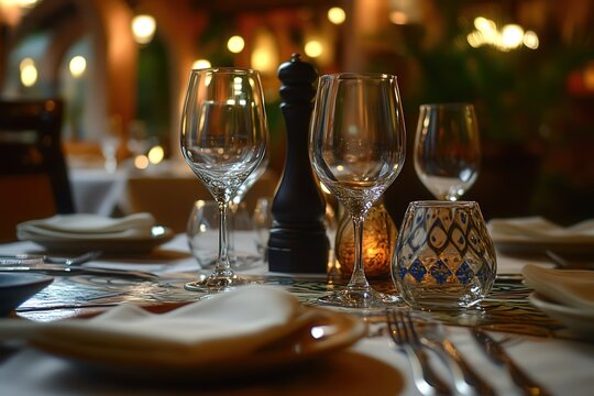 Mesa parada en un restaurante tranquilo y rom&aacute;ntico. Cena rom&aacute;ntica. Copas de vino vac&iacute;as.