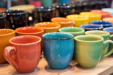 Exposición de tazas coloridas artesanales. 