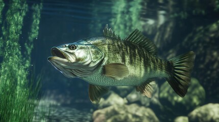 Fototapeta premium Largemouth bass swimming gracefully in freshwater, highlighting its bright fins and textured scales.