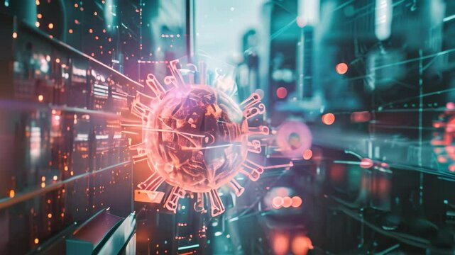 An urban scene captures the digital Video of a corona hovering above the city streets, AI predicting pandemic spread using big data