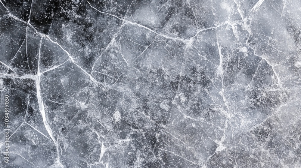 Poster close up of textured ice surface displaying cracks and scratches conveying themes of coldness and fr