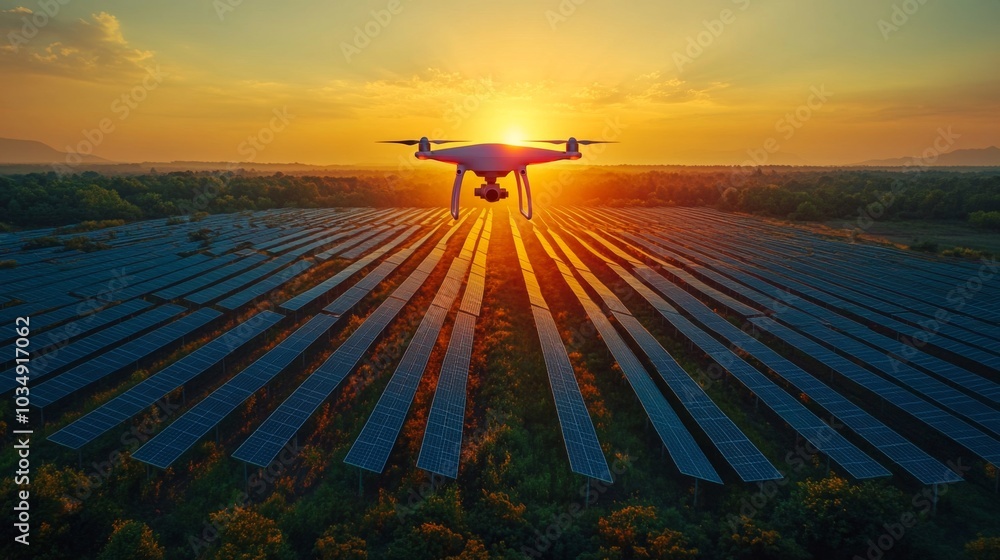 Poster a drone hovers above a vast solar panel array, capturing aerial data as the sun sets, illuminating t
