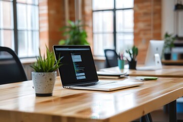 Ordenador portátil en la mesa del despacho compartido. Trabajo en línea. 