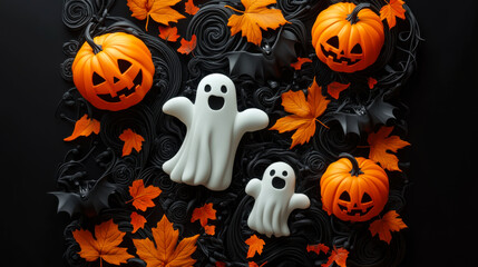 ghost and pumpkins on a gray background helloween day