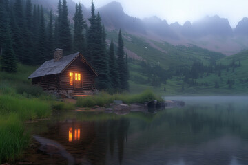 Fototapeta premium Serene Cabin by Misty Lake