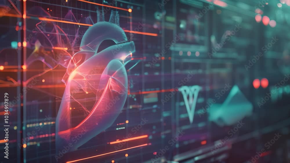 Poster a computer screen displaying a heart symbol, ai-powered early warning system for cardiac arrest