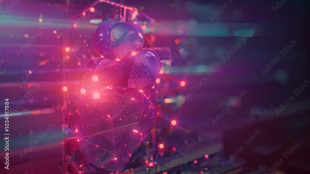 Poster an video featuring a heart shape in the center, circled by intersecting lines and dots, creating a c