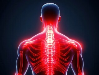 Human skeletal structure highlighted in vibrant red against a dark background, showcasing anatomy and health.