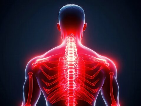 Human skeletal structure highlighted in vibrant red against a dark background, showcasing anatomy and health.