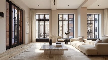 Obraz premium Spacious living room with a cream-colored sofa, marble coffee table, and black-framed windows, creating a sleek and sophisticated atmosphere.