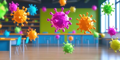 Colorful virus particles floating in a classroom setting, illustrating microbiology and health education concepts.
