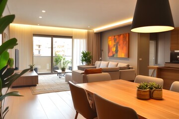 Sal&oacute;n comedor en colores neutros. Sala de estar amplia y luminosa. Dise&ntilde;o minimalista. Arquitectura.