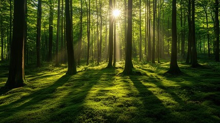 Fototapeta premium Sunlight Filtering Through Lush Green Forest