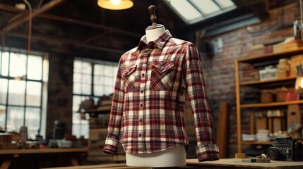 Fototapeta premium Stylish Red Plaid Shirt on Display in Workshop Setting