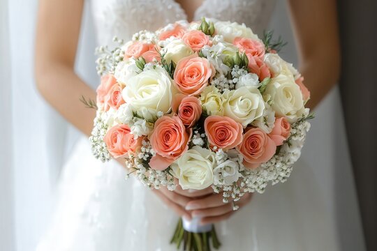 Novia con un ramo de flores rosas y blancas en la mano. Dia especial lleno de amor.