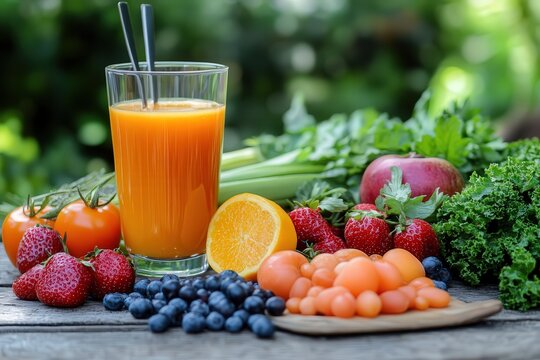 Vaso de vidrio con un zumo de frutas exprimidas. Variedad de frutas frescas. 
