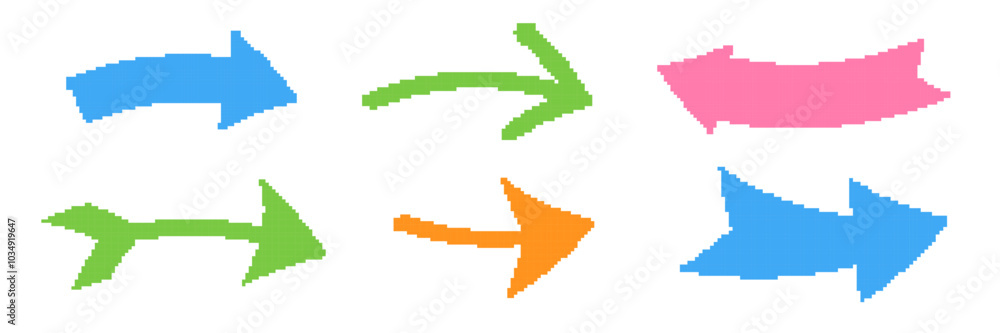 Poster pixel arrow set. colorful collection of dotted cursor. different marks and pointers