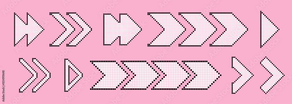 Poster pixel arrow set. colorful collection of dotted cursor. different marks and pointers