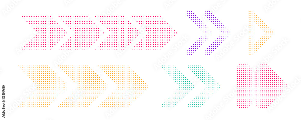 Poster pixel arrow set. colorful collection of dotted cursor. different marks and pointers