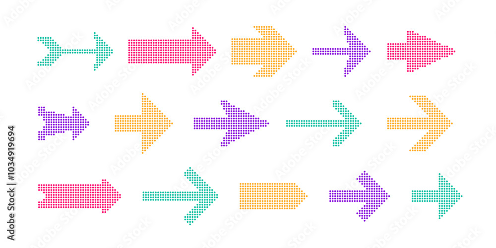 Poster pixel arrow set. colorful collection of dotted cursor. different marks and pointers