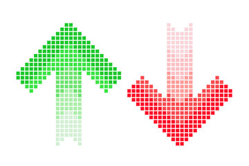 Pixel arrow set. Two halftone arrows increase and decrease template. Red and green color. 