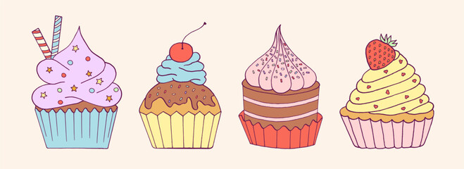 Cute doodle cupcake set. Hand drawn cupcakes with berries, cookie, cinnamon and sprinkles