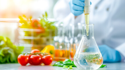 A researcher in a lab coat uses a pipette to test a liquid solution in a flask. Fresh tomatoes and various vegetables are arranged nearby, indicating a study on food quality