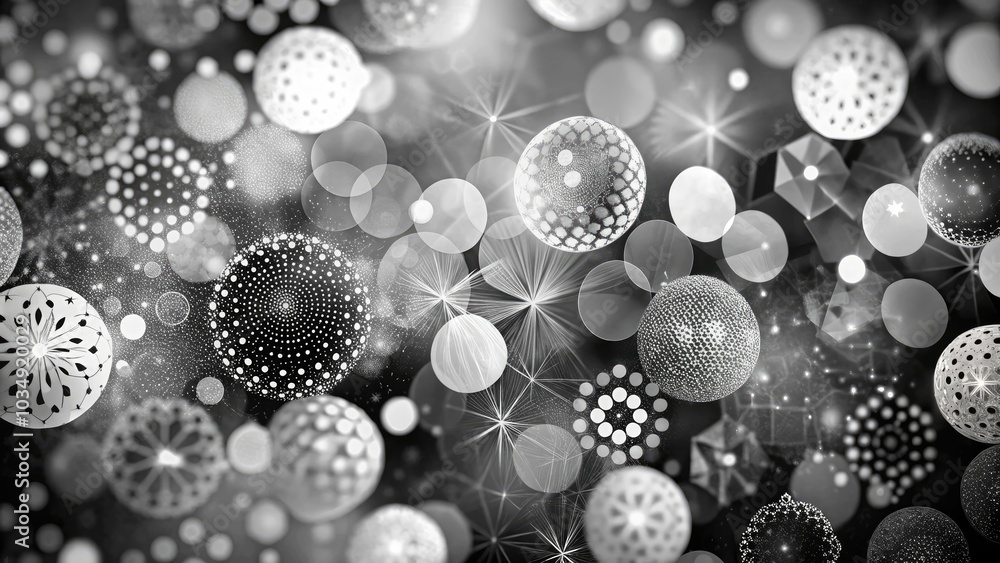 Poster abstract monochrome background with geometric shapes of dots and circles, black and white pattern fo