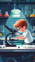 A boy Student using working with microscope at biology chemistry lesson class at school lab