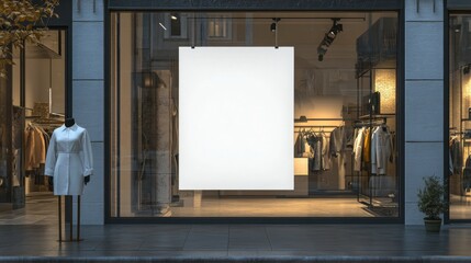 A minimalist storefront features a blank display area for promotions. The well-organized interior highlights attractive clothing items, accentuated by stylish lighting and a contemporary vibe.